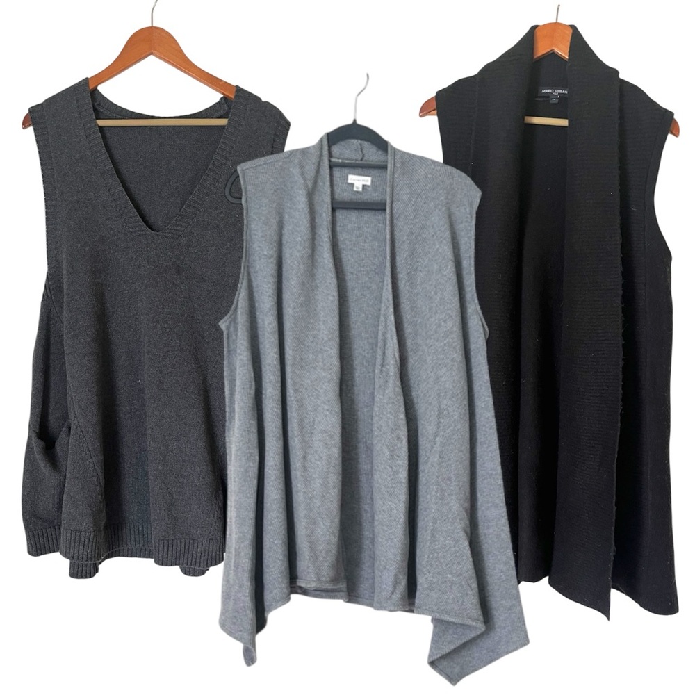 Lot of 3 Women's Gray and Black Sweater Wrap Vests Layer Garnet Hill Size Large